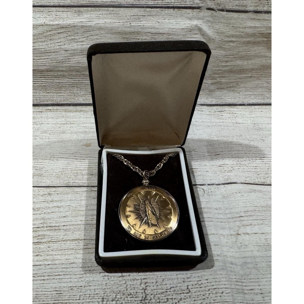 Vintage 70's Virgo Pendant Necklace 24" Bronze Gold with Original Box Unique TbG